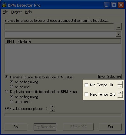 Beat detection options dialog controls